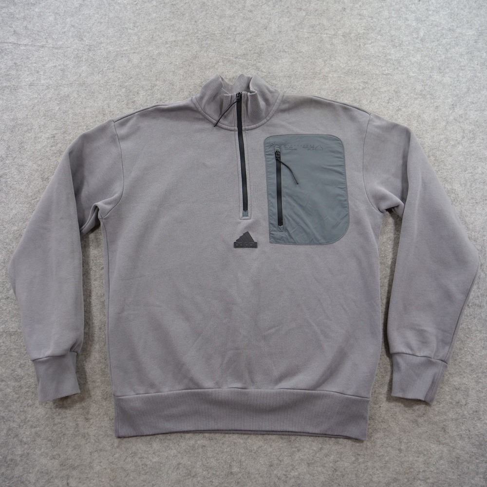Adidas Sweatshirt Mens Medium Gray 1/4 Zip Pocket Pullover Long Sleeve Athletic